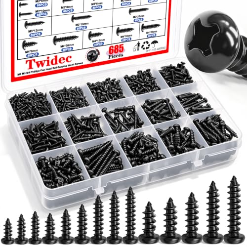 Twidec/685PCS Wood Screws Kit,M2 M3 M4 Black Phillips Pan Head Self-Tapping - size: 685PCS