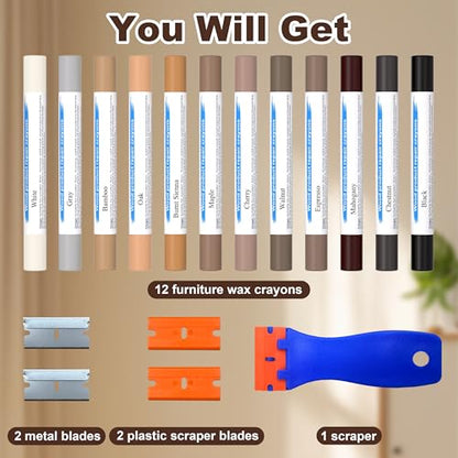 Oriflame Wood Furniture Filler Sticks: 12-Color Wood Repair Wax Crayons with Scraper for Scratches/Cracks/Holes/Stains in Floors/Table/Cabinets/Desks/Bedposts(Hardwood/Laminate)