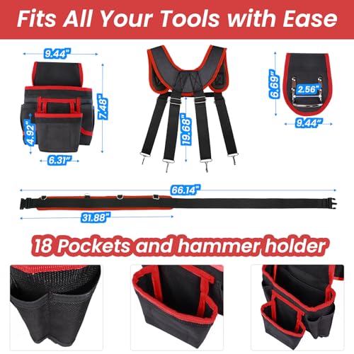 FamilyKit Tool Belt With Suspenders, Magnetic Heavy Duty Tool Belts for Men - color: Black-red