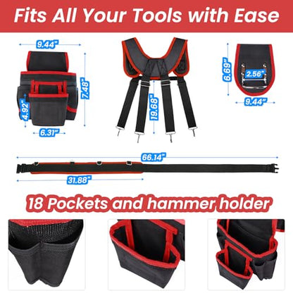 FamilyKit Tool Belt With Suspenders, Magnetic Heavy Duty Tool Belts for Men - color: Black-red