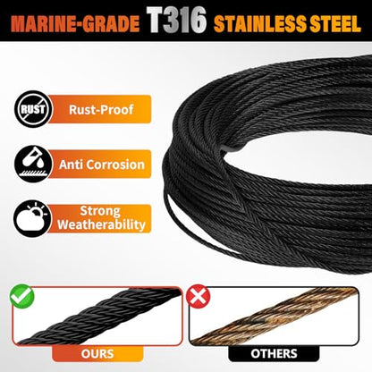 Black Stainless Steel Cable for Railing - 150FT 1/8" T316 Wire Rope - size: 150FT