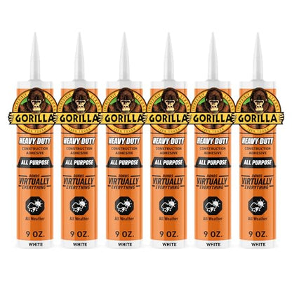 Gorilla Heavy Duty Construction Adhesive, White Glue, 9 Ounce Cartridge (Pack of 6) - Gap Filling and Waterproof - size: 9 Ounce (Pack of 6)