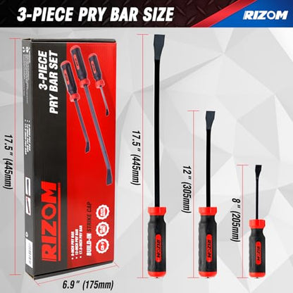 Rizom Pry Bar Set, 3-Piece Pry Bar with Strike Cap Handle, Angled Tip for Prying, Lifting and Pulling Objects - size: 8",12",17.5"
