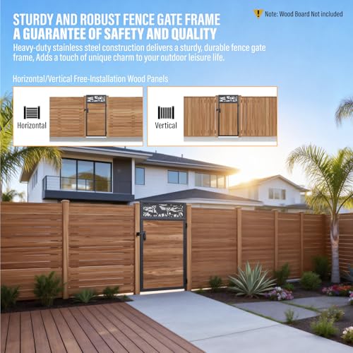 3x6FT Fence Gate Frame Kit 201 Stainless Steel Heavy Duty Garden Gates Anti-Sag Backyard Front Gate Reinforcement Hardware, Left/Right Mount (No Wood Planks Included) - color: W3xH6ft-Lion