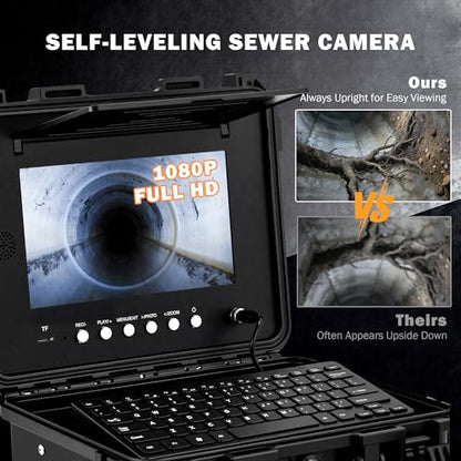 ZELCAN 10.1" Self-Leveling Sewer Camera with 512Hz Locator, Sewer Inspection Camera with 100 ft. Cable & Digital Length Counter, Rechargeable Drain Pipe Camera with Keyboard & 12 LED Lights - size: Updated 10.1 in. / 100FT
