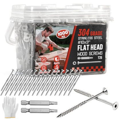 #10x3 Inch 304 Stainless Steel Deck Screws 1000 PCS - Corrosion-Resistant Outdoor Wood Fasteners for Fences, Decks, Wood Project - T25 Star Drive Bit - size: #10 x 3" 1000Pcs