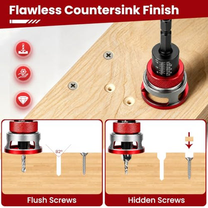Countersink Drill Bit Set with Depth Stop, 5 PCS TCT Cutters & HSS Bits