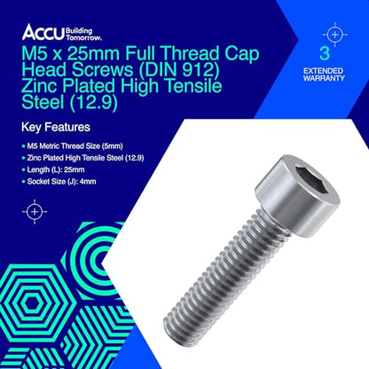 Accu - M5 x 25mm Full Thread Cap Head Screws (DIN 912) - Zinc Plated High Tensile Steel (12.9) (Pack of 20) - color: Zinc Plated High Tensile Steel (12.9), size: M5 x 25mm