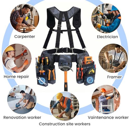 Tool Belt with Suspenders, 18-Pocket Combo Harness System with Magnetic Pouches, Heavy Duty Detachable Utility Bags Adjustable 32"-66" Waist for Electricians, Carpenters, Framers (Camouflage) - color: Camouflage