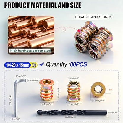 Twidec/80PCS 1/4"-20 Threaded Inserts for Wood Furniture Screw-in Nut Wood Inserts Bolt Assortment Kit with M6 Hex Wrench (1/4"-20 x15mm) N-059 - size: 1/4"-20 x 15mm (80 PCS)