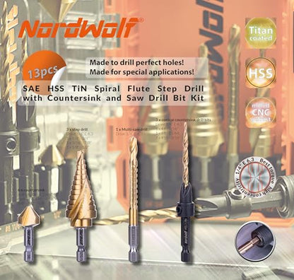 13PCS HSS Titanium Step, Countersink, Saw Drill Bit Set with 1/4" Hex Shank - size: 13 pcs