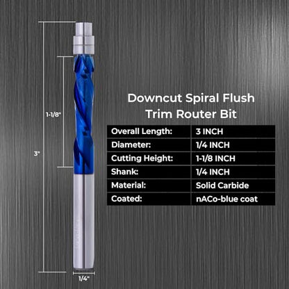 1/4" Shank Spiral Flush Trim Router Bit, 1-1/8" Cut Length & 3" OAL, Down Cut Solid Carbide CNC Bit with Nano Coating for Wood Trimming - style: DOWN CUT