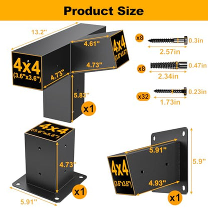 Heavy Duty 15°Slanted Roof Wall Mount 4x4 3PCS Pergola Bracket Kit - size: 4way-3pcs