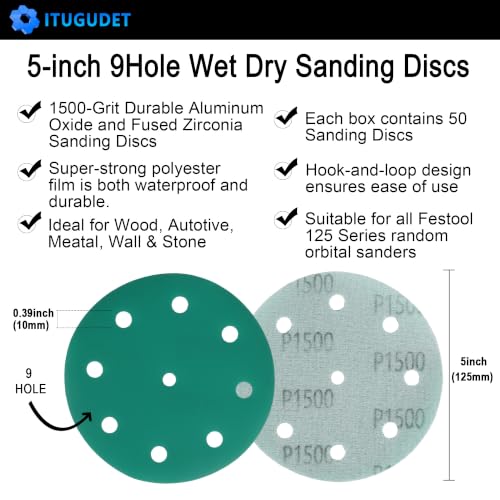 5 Inch 9 Hole Wet Dry P1500 Grit Sanding Discs - 50 Pack Box - size: 1500 Grit