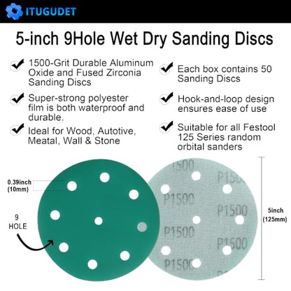 5 Inch 9 Hole Wet Dry P1500 Grit Sanding Discs - 50 Pack Box - size: 1500 Grit