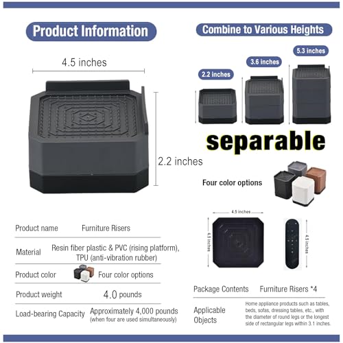 EclatBain Adjustable Bed Risers 3.6&5.3 Inch, 4000 lbs, 4 Middle Pack Black - color: Square-4 Pack-black, size: Med 2 Layer(3.6inch)