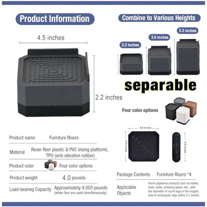 EclatBain Adjustable Bed Risers 3.6&5.3 Inch, 4000 lbs, 4 Middle Pack Black - color: Square-4 Pack-black, size: Med 2 Layer(3.6inch)