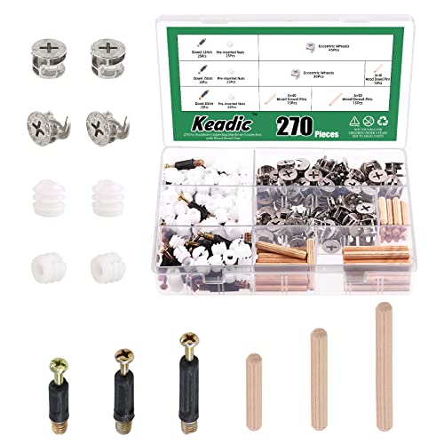 Keadic 270Pcs 3 in 1 Cam Lock Nuts and Wood Dowel Pins Assortment Set Furniture Connecting Fittings Nut Screws Bolts Fasteners Connectors for Cabinet Drawer Dresser Wardrobe Furniture Panel (Silver)
