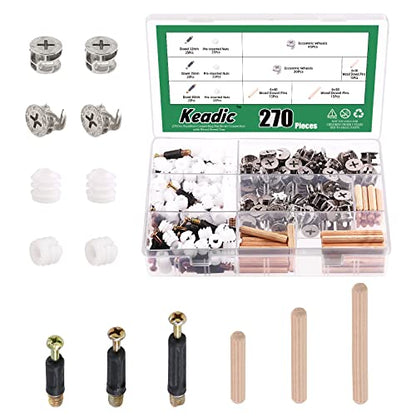Keadic 270Pcs 3 in 1 Cam Lock Nuts and Wood Dowel Pins Assortment Set Furniture Connecting Fittings Nut Screws Bolts Fasteners Connectors for Cabinet Drawer Dresser Wardrobe Furniture Panel (Silver)