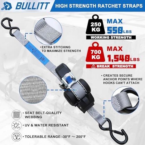 2‑PCS Retractable Ratchet Straps 1"x11.5ft, 1540‑lbs(MAX) Safety‑Lock Hooks
