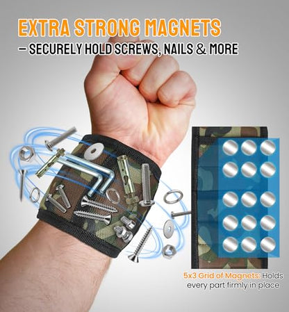 HiRui Magnetic Wristband for Tools – Ultra-Strong 15 Neodymium Magnets Hold Screws, Nails & Bits, Dual Pockets – Hands‑Free for DIY, Home Repairs, Auto – Gift‑Ready for Dad, Husband, Grandpa (CAMO) - color: Camo