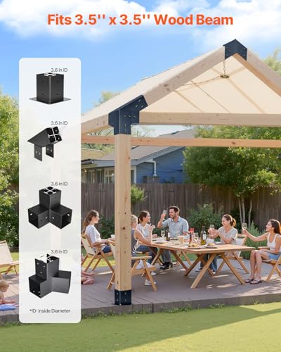 VEVOR Pergola Kit, 4x4 Inch Pointed-Roof Pergola Brackets for 3.5x3.5 in Lumbers in Actual Size, 3-Way / 4-Way Gazebo Bracket with Post Bases & Ridge Brackets for Outdoor Pergolas Gazebo Shed, 14 Pcs - size: 4PC 3Way+4PC 2Way+2PC Riddge +4PC Base 4*4 SET