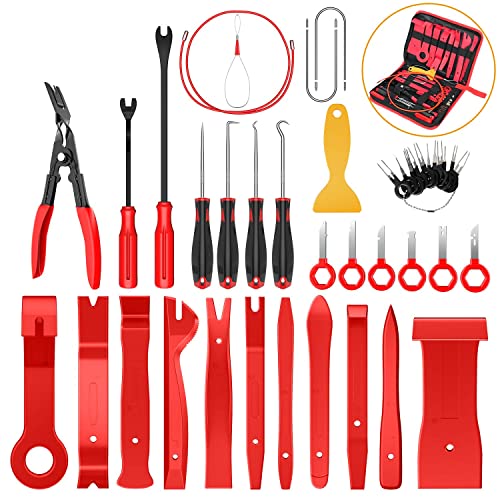 GOOACC 40Pcs Trim Removal Tool,Auto Terminal Removal Key Tool,Auto Clip Pliers Stereo Removal Tools,Car Upholstery Repair Removal Kit,Precision Hook and Pick Set,Wiring Threader,Car Film Scraper - color: Red