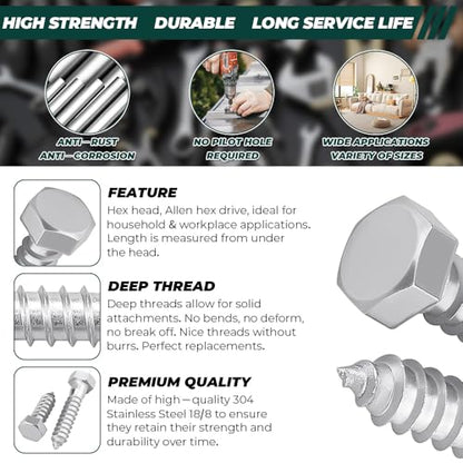 3/8 x 1 Hex Head Lag Screws Bolts with Flat Washers (20 Sets), 304 Stainless Steel 18/8, Full Thread, Deck Screws, Heavy Duty Hex Head Wood Lag Screws, Fayeploo - size: 3/8 x 1"