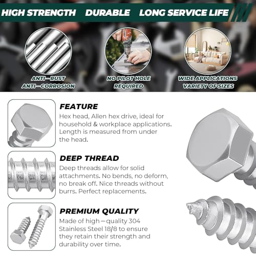 5/16 x 1 Hex Head Lag Screws Bolts with Flat Washers (20 Sets), 304 Stainless Steel 18/8, Full Thread, Deck Screws, Heavy Duty Hex Head Wood Lag Screws, Fayeploo - size: 5/16 x 1"