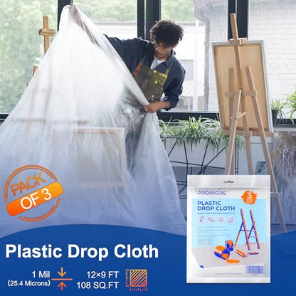 3PK Plastic Drop Cloth,1Mil Thick, 9x12 Ft,Thickened Painter's Sheeting - size: 1mil-3Pack