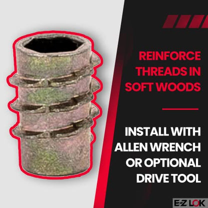 E-Z LOK Knife Thread Insert for Soft Wood, Hex Flush, 8-32, 10mm, 100 ct - size: #8-32 Internal Threads, 0.394" Length