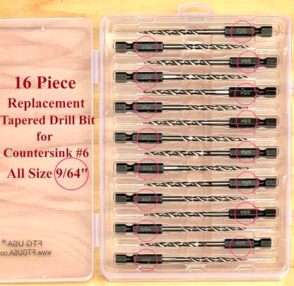 FTG USA 16 Pc #6(9/64") Replacement Tapered Countersink Drill Bit Hex Shank - size: #6, style: 16 Piece Same Size