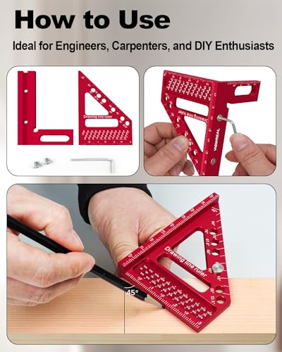 Premium Carpenter Square Hole Scribing Ruler Woodworking Square 22.5-90 Degree Measuring Ruler with Angle Pin,Versatile Multi Angle Square for Woodworking, Engineering, and Construction - color: Red