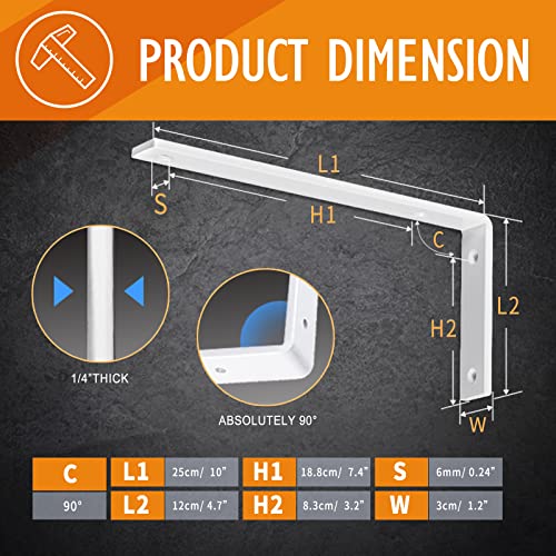 CLT White Shelf Bracket, 10” X 4.7” Quarter Inch (1/4") Thick- Max Load: 440 lb Rustic Industrial Modern Farmhouse Heavy Duty Cold Rolled Steel Bracket for DIY Table Bench, Pack of 4 - color: White L Bracket, size: 10 inches