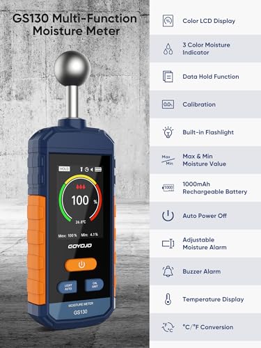 Pinless Moisture Meter for Wood, Walls & Drywall | Digital Moisture Meter, Firewood Moisture Tester & Concrete Reader | GS130 USB-C Rechargeable Humidity Tester