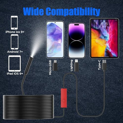 Endoscope Camera with Light,1920P HD Borescope Tools with 8+1 Adjustable LED Lights, Endoscope with Semi-Rigid Snake Camera, IP67 Waterproof Inspection Borescope for iOS and Android-16.4ft Dual-Lens