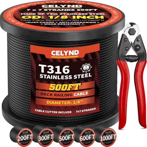 Black Stainless Steel Cable for Railing - 500FT 1/8" T316 Wire Rope - size: 500FT