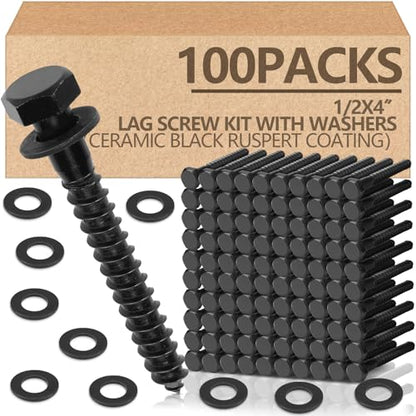 Tandefio 100 Pack 1/2''X 4'' Lag Bolts Screw with Washer Galvanized, Black - size: 1/2''x 4''