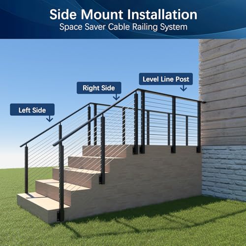 3 Pack Side Mount Level Drilled Cable Railing Post 36"x2"x2"(Post Body 44"), Fixed Top Line Post with 11 Holes, Fascia Mount Stainless Steel Cable Deck Rail Post, Black Wood Concrete Deck Post - style: 3x Level Post