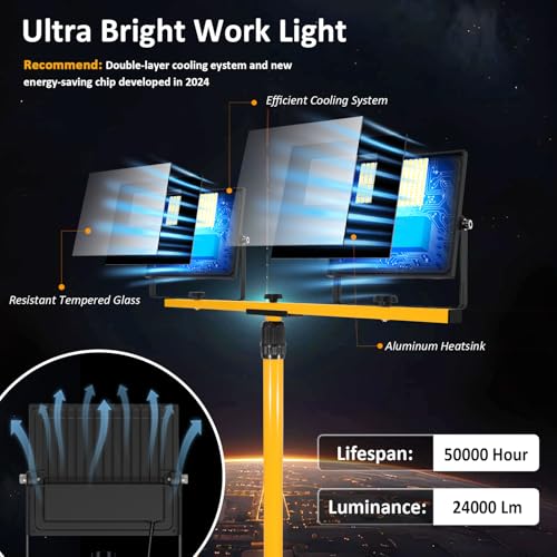 24000 Lumen LED Work Lights with Stand, Floodlight Work Light 2 Adjustable Head Work Light with 16FT IP67 Waterproof Tripod Work Light Stand for Construction Lighting - style: 24000LM with stand