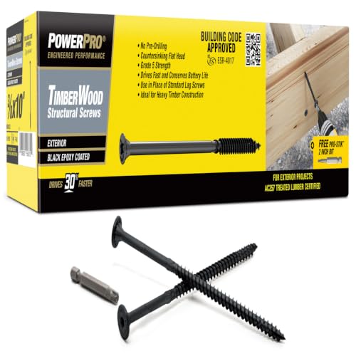 Power Pro TimberWood Structural Screws, 3/8in x 10in, 15 Pieces, Black - color: Black, size: 3/8 inch x 10 inch, style: 15pc