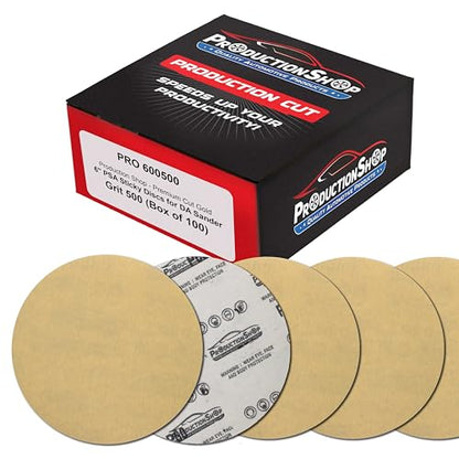 ProductionShop Premium 500 Grit 6" PSA Gold Sanding Discs, Box of 100 - Self Adhesive Stickyback Abrasive Sandpaper for DA & Random Orbital Sanders - Sand Auto Paint Metal, Wood Woodworking Furniture - style: 500 Grit