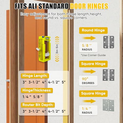 Adjustable Door Hinge Jig Router Template Kit, Hinge Mortising Guide Fits 3"-5" Length, 1/4" & 5/8" Thickness Door Hinges with Drill Bits