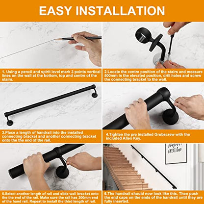 ROTHLEY 9.8 FT ADA Industrial Handrails for Indoor Stairs: Metal Staircase Handrails Wall Mount Stair Handrail 1.6" Sturdy Pipe Hand Railings for Steps Matt Black Powder Coat Stairway Railing - size: 9.8FT