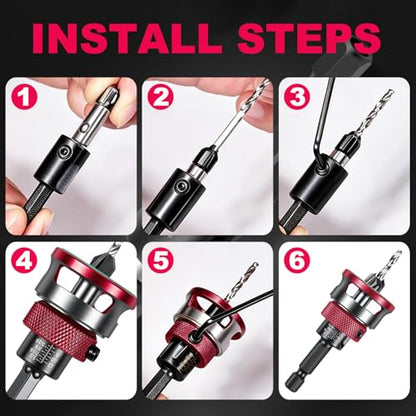 Countersink Drill Bits Set, 4PCS 4-Flute HSS M2 Bits with Depth Stop - color: Red