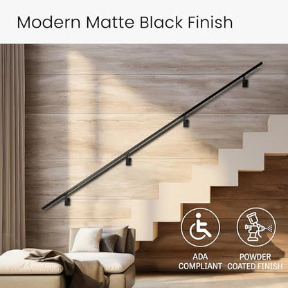 Modern Aluminum Handrail Complete DIY Kit – Matte Black with Adjustable Wall Mount Brackets Included (12' Length) - size: 12' length