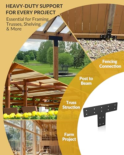 6 Pcs Ultra-Thick T Post Bracket, 12" x 8" Extreme Weatherproof Flat Mending Plate, Heavy Duty Structural Connector for 4x4 6x6 Lumber, Outdoor Pergola, Cabin & Deck Timber Framing - size: 6 Pack, style: Heavy-Duty T-Bracket