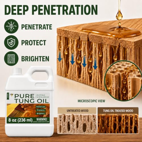 8oz 100% Pure Tung Oil for Wood, Food-Safe Waterproof Tung Oil with Towel - size: 8 Fl Oz