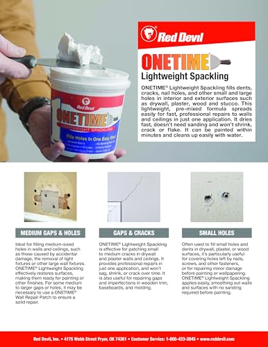 Red Devil 0544 ONETIME Lightweight Spackle Wall Repair, Spackling for Holes Drywall, 1 Quart, White, Made in USA - size: Pack of 1, style: 1 Quart
