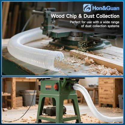 Hon&Guan 4" x 5' Dust Collection Hose, 4 Inch Flexible Clear PVC Dust Collector Hose with Carbon Steel Wire Woodworking Dust Collecting System, Includes 4 Hose Clamps - size: 4" x 5'
